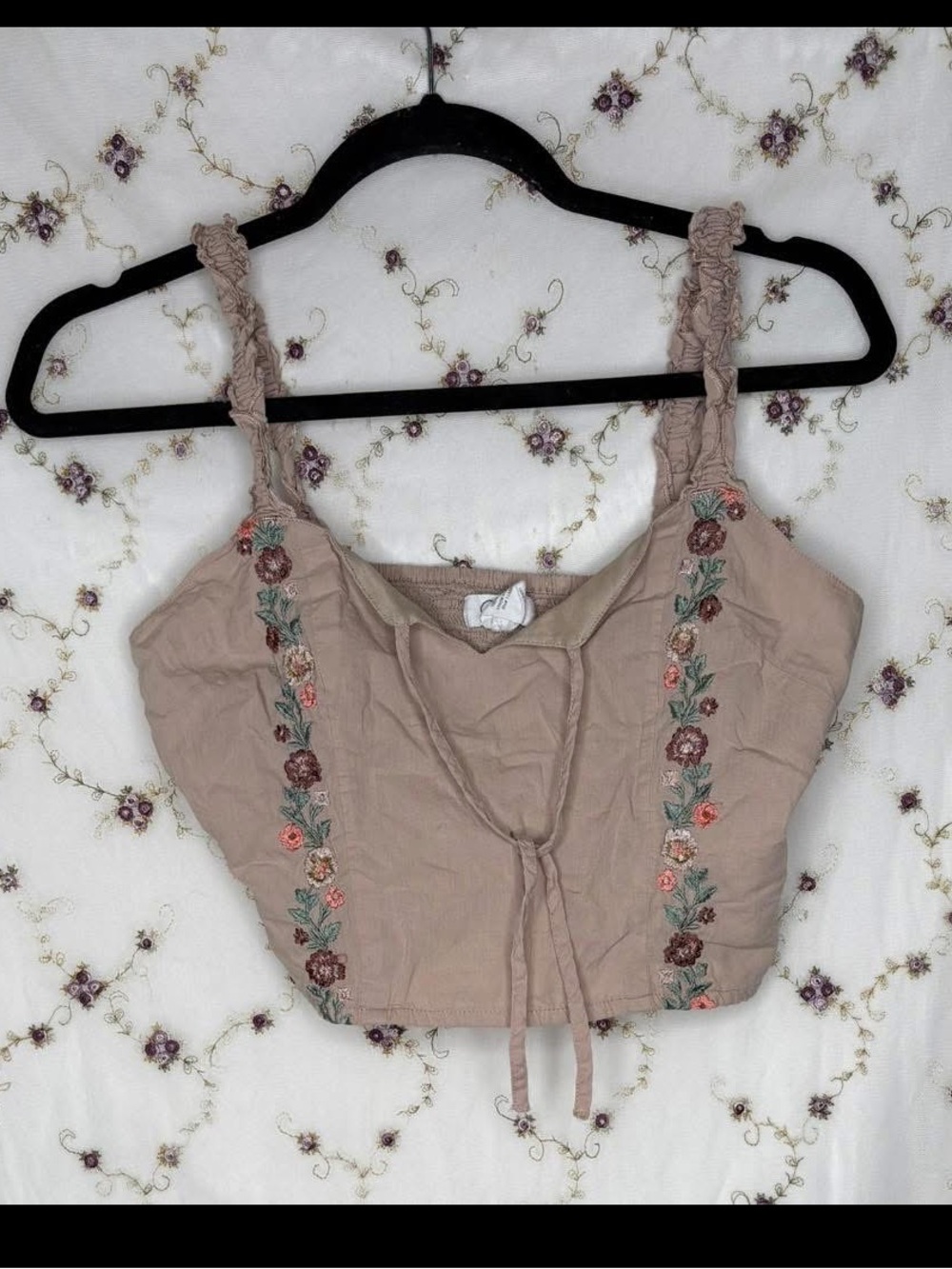 Japna Taupe Embroidered Crop Top with Tie Front